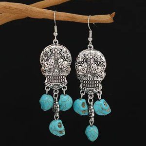 Skull Dangle Earrings Turquoise Color Stone Pierced Silver Tone Goth Gift